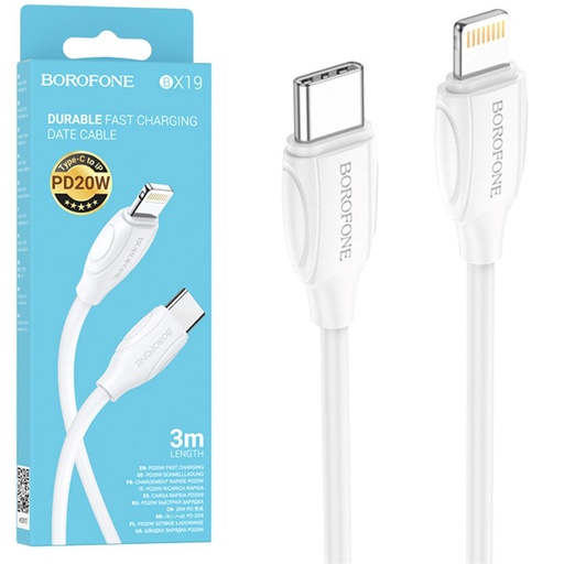 [4040300703] Cable USB-C a Lightning 3 metros 20W / 3Amp Borofone BX19 Blanco